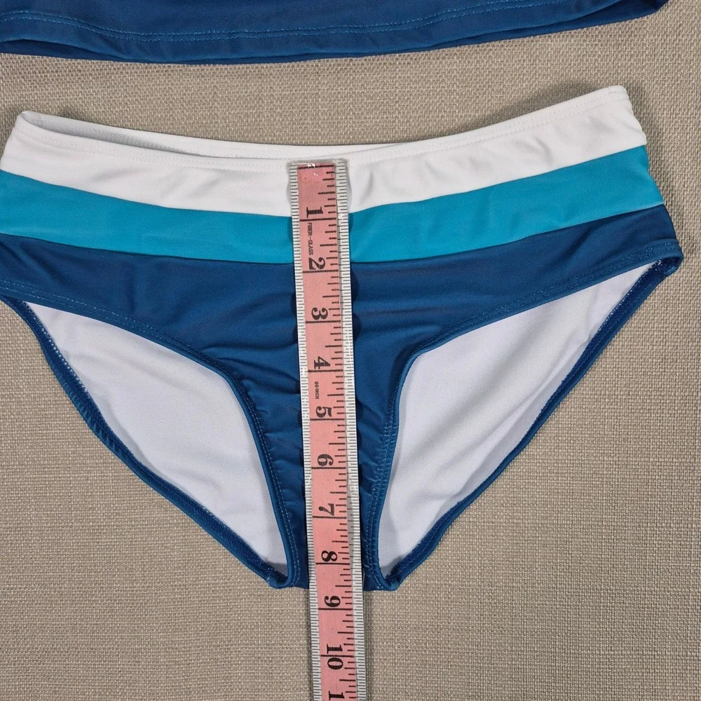 Blue Color Block Tankini Swimsuit Ruched Two Piece Kids Size 11-12Y